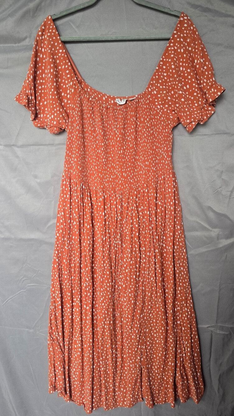 Roxy Dress Womens XL Orange Polka Dot Smocked Flutter Sleeve Boho Sundress Beach